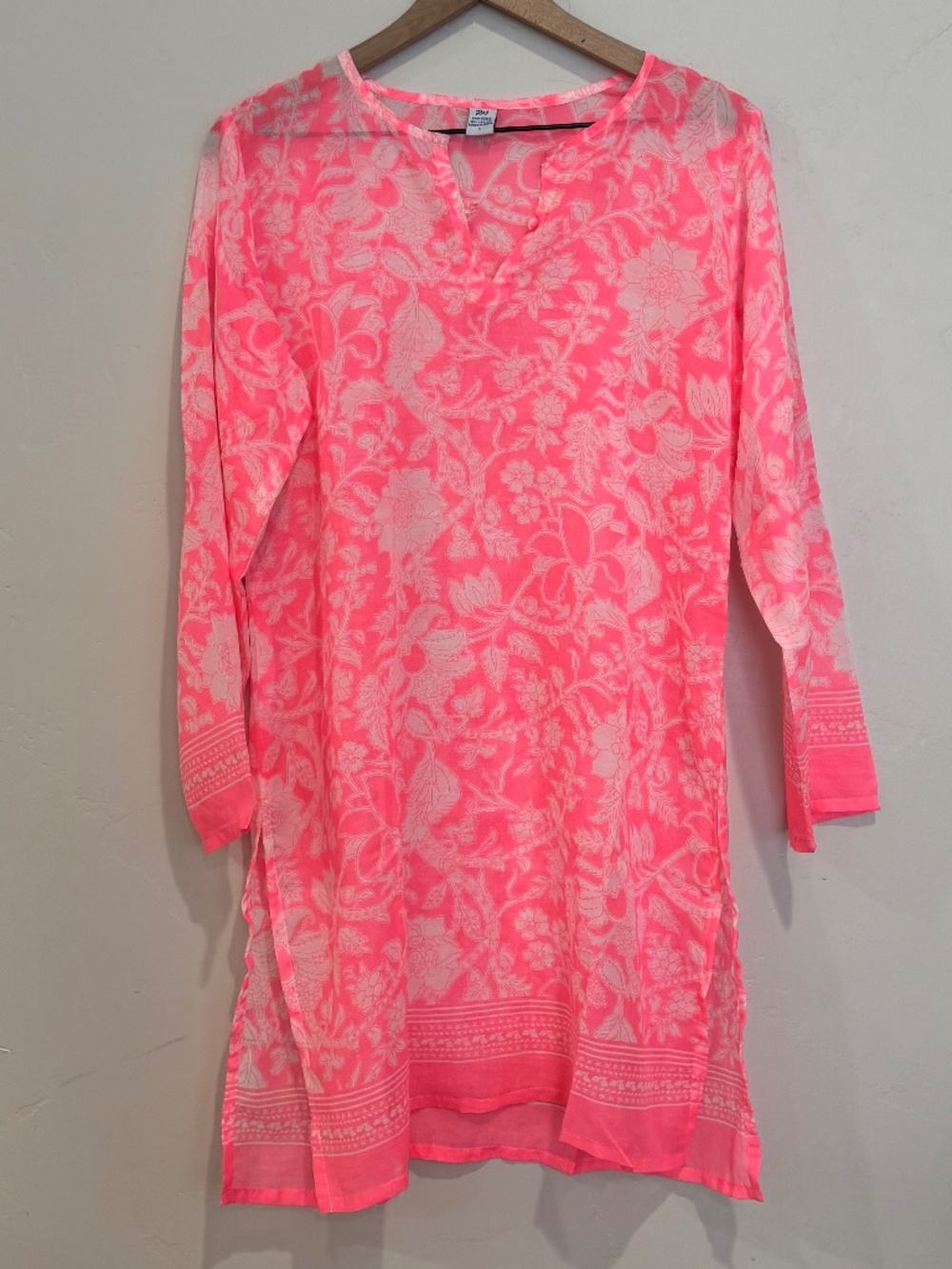 Raj‎ Pink Floral Kurti Tunic L 100% Cotton Lightweight Semi-Sheer Beach Cover Up